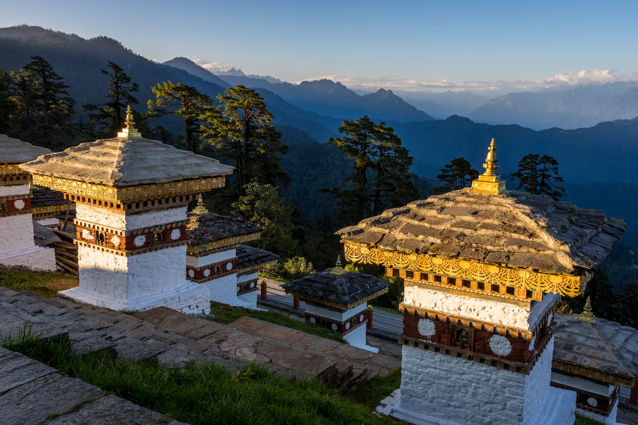Snow-capped Himalayan peaks seen from Dochula Pass in Bhutan in October