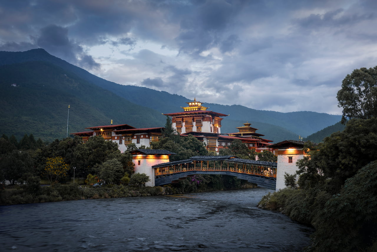 Punakha Dzong at the confluence of the Mo Chhu and Pho Chhu rivers in Bhutan in winter