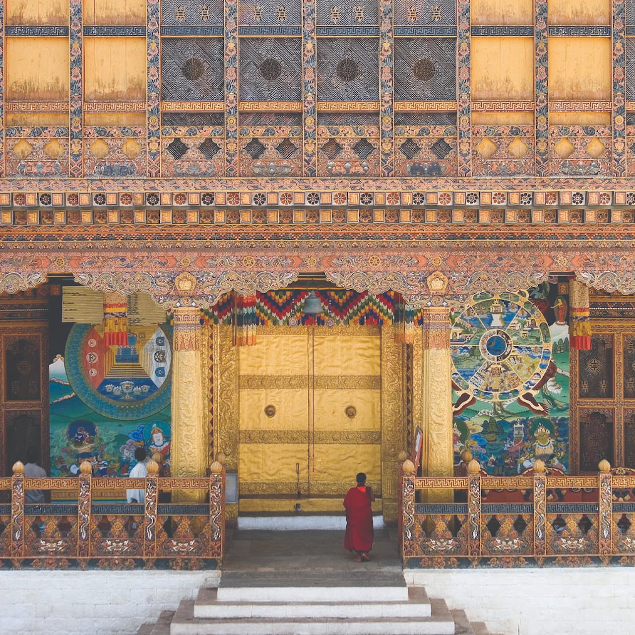 Interior courtyard and temple halls inside Punakha Dzong, Bhutan
