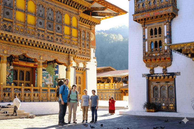 A family in a Bhutanese dzong courtyard