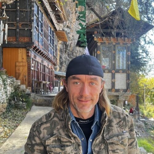 Bhutan – prayer flags and traditional village