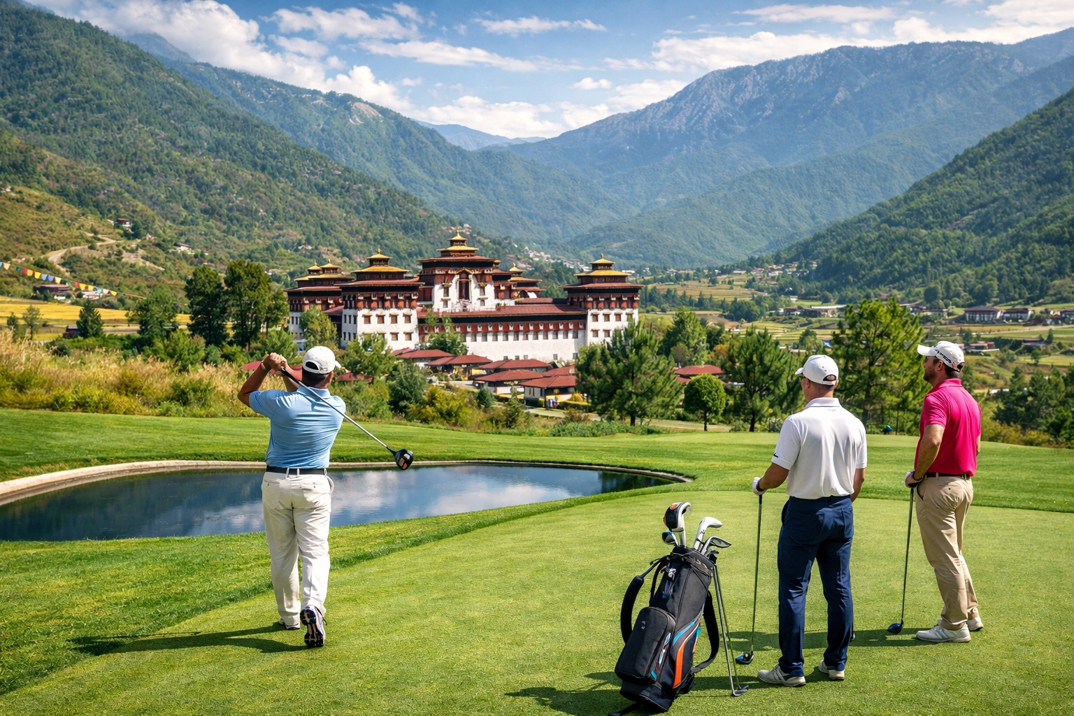 Golf in Thimphu with Himalayan hills around the fairway