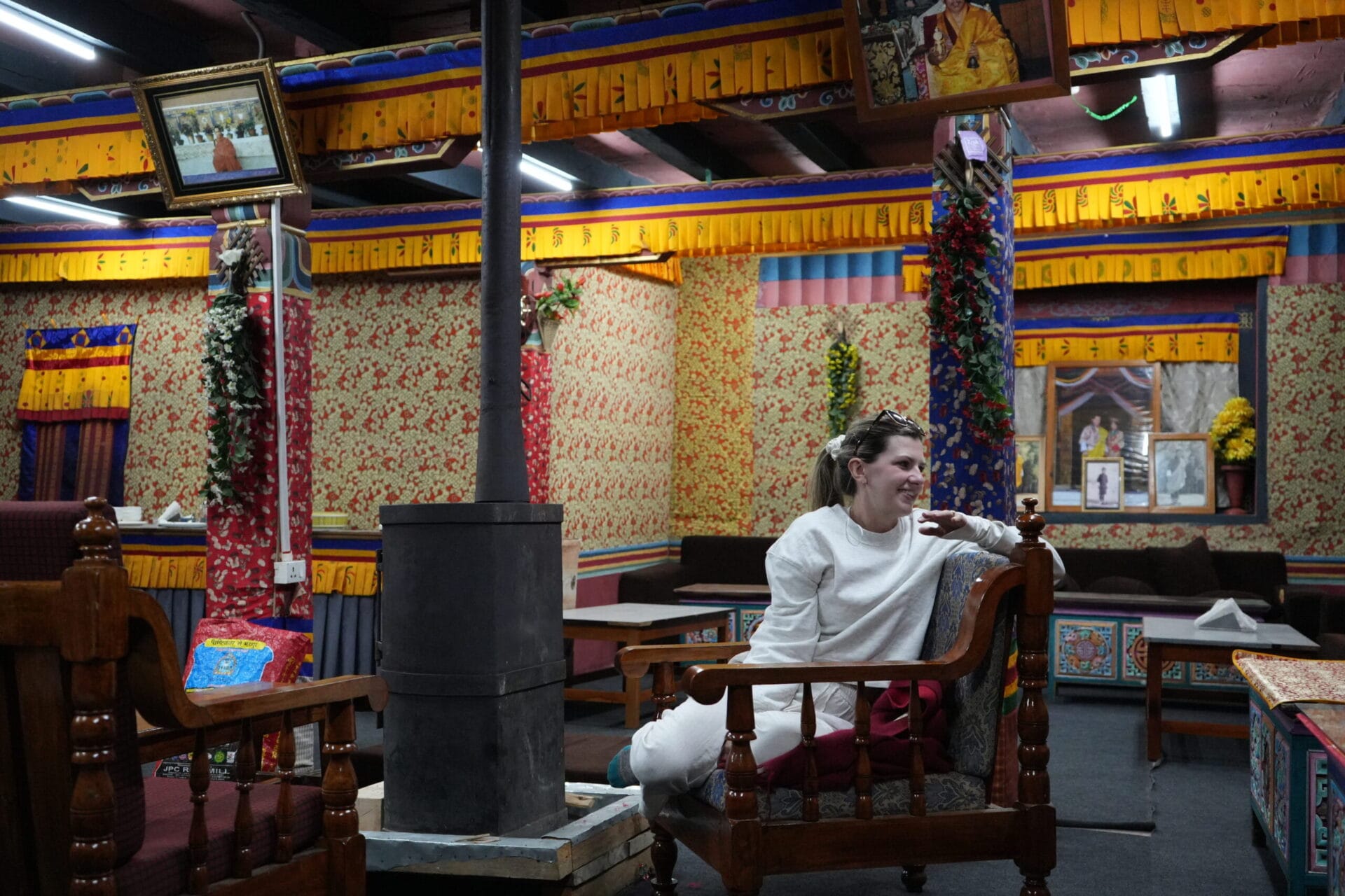 Monastery night stay in Bhutan, evening prayer hall