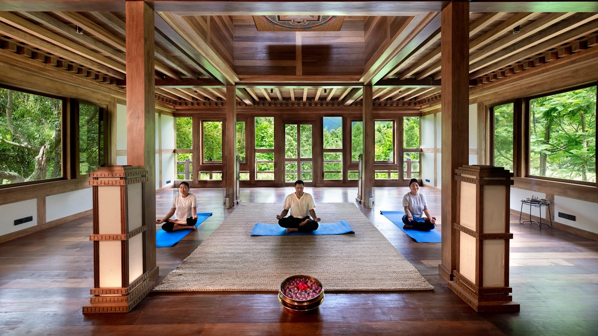 Yoga session in a quiet valley setting in Bhutan